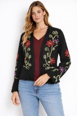 Carson Vintage Wool Floral Ribbon Open Cardigan Sweater Womens Medium Black Red